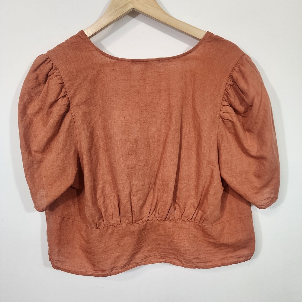 Levi's Linen cotton Blend Tie Front Crop Top XL Orange Puff Sleeve Boho - Picture 9 of 9
